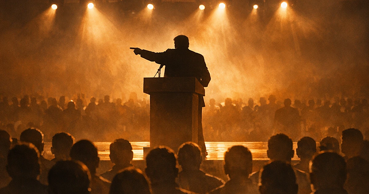 Silhouetted speaker at podium addressing crowd of people shown from behind in dramatically lit indoor venue