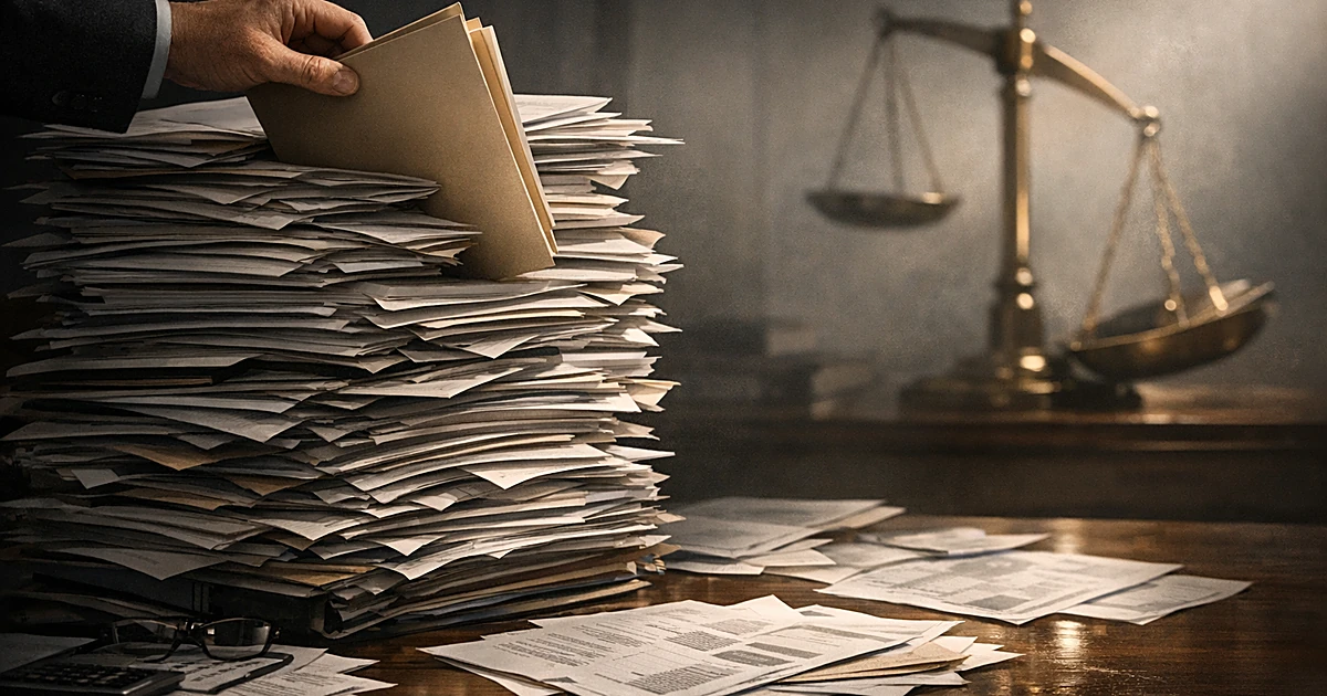 Hand withdrawing documents from stack of tax papers on desk with unbalanced scale in background