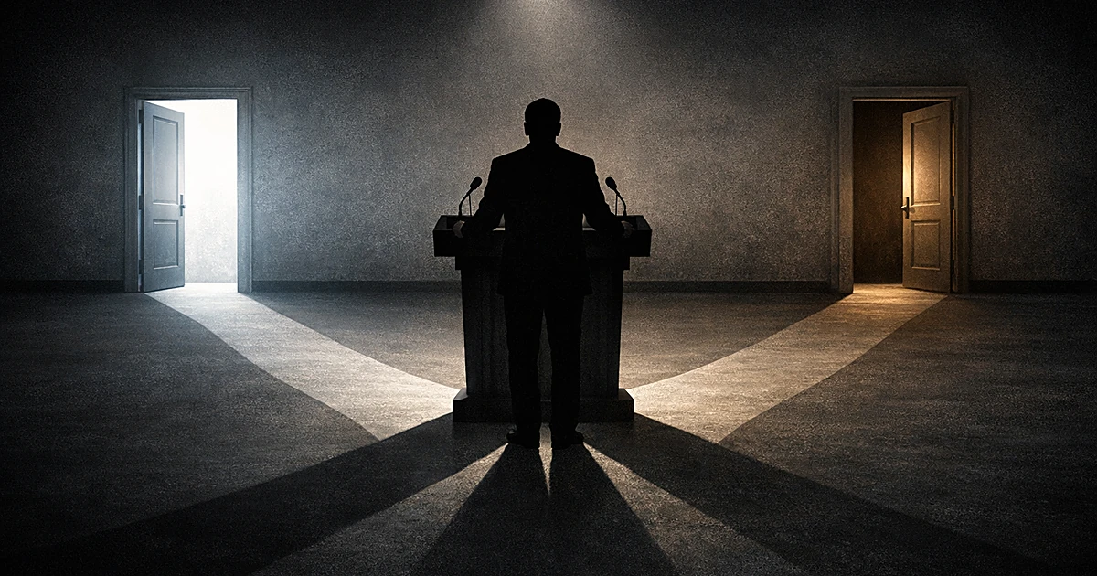 Silhouetted figure at podium with shadow splitting into two paths leading to separate doorways