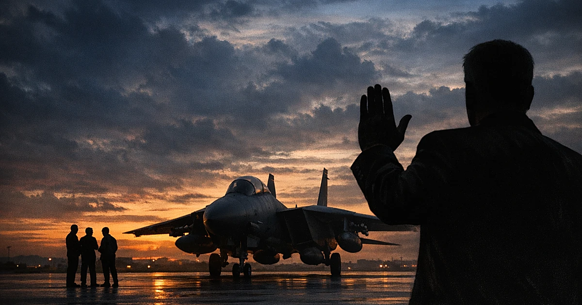 Silhouetted figure halting military aircraft on tarmac while other figures confer in background at dusk