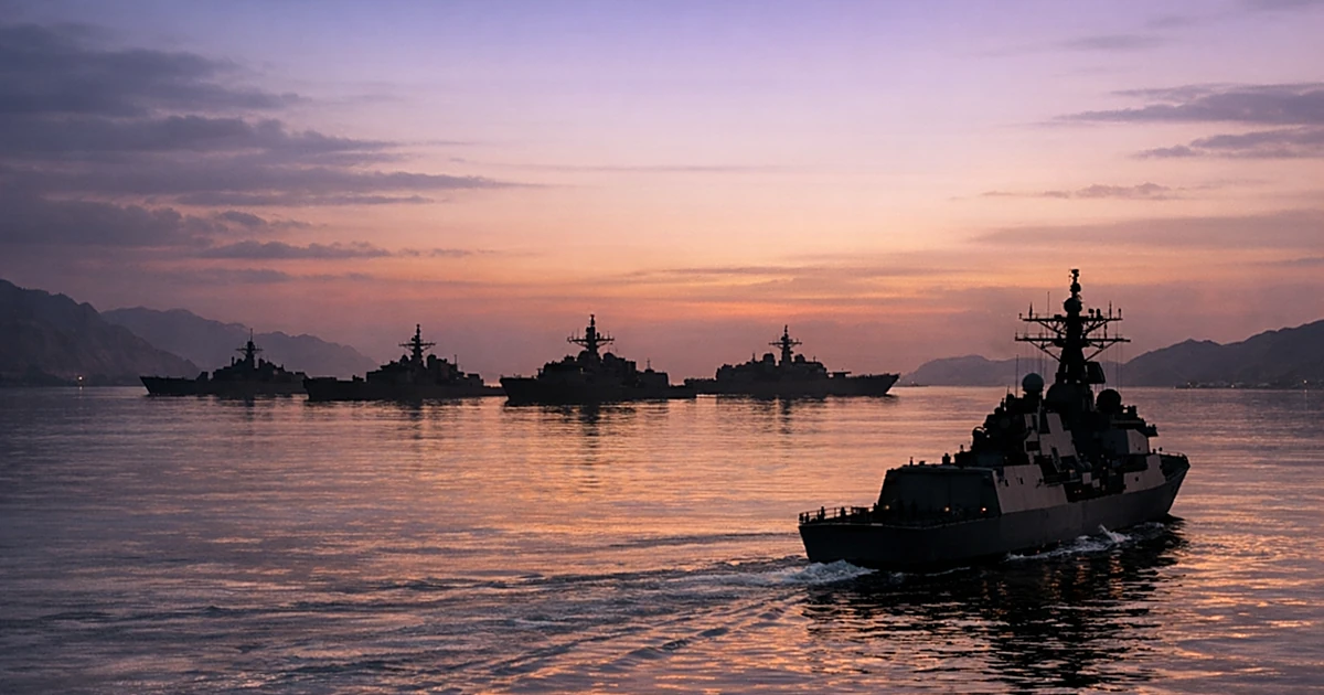 Naval vessels silhouetted in a narrow strait at dusk, with one ship turning away from blockade formation