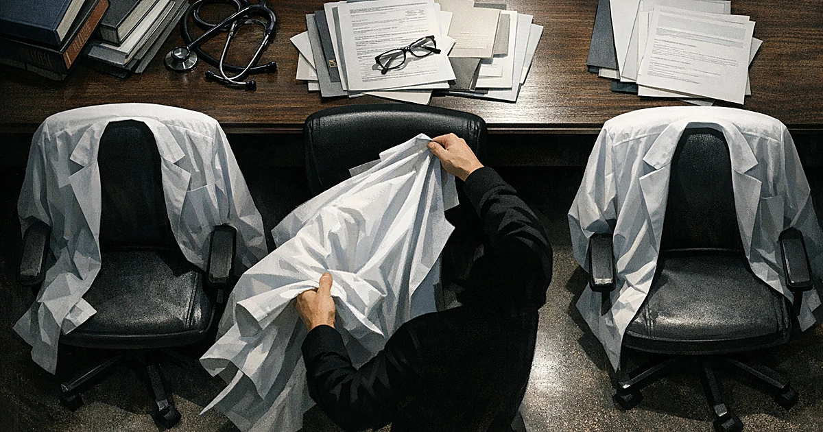 Three white medical coats arranged in sequence on chairs, with the middle one being removed as another takes its place