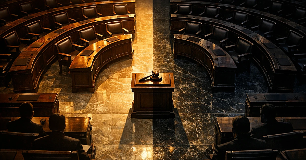 Overhead view of Senate chamber with desks split between light and shadow, gavel on central podium