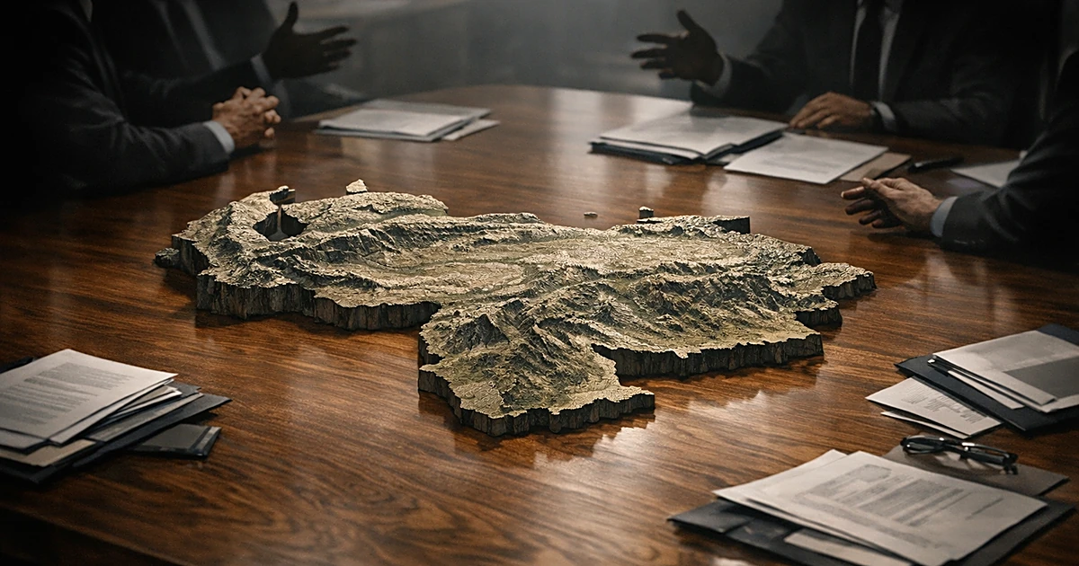 Silhouetted figures around table examining three-dimensional map relief of Venezuela during meeting