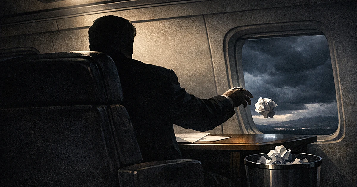 Silhouetted figure aboard aircraft discarding document into waste bin with stormy sky visible through window