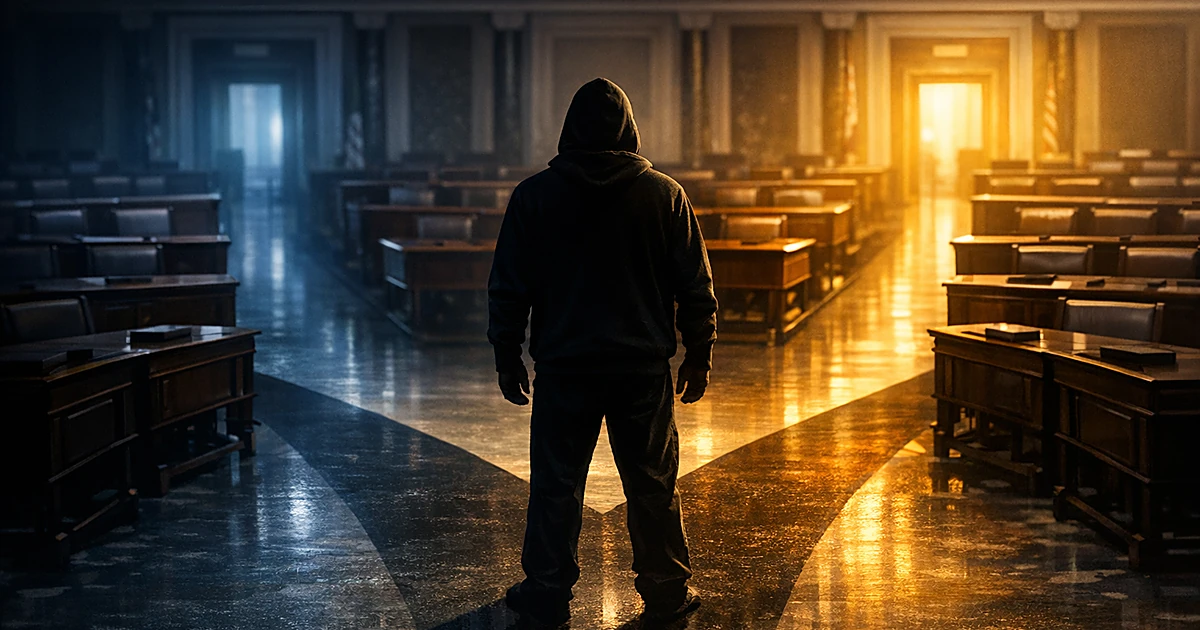 Silhouetted figure at crossroads between two lit paths in empty Senate chamber with wooden desks on both sides