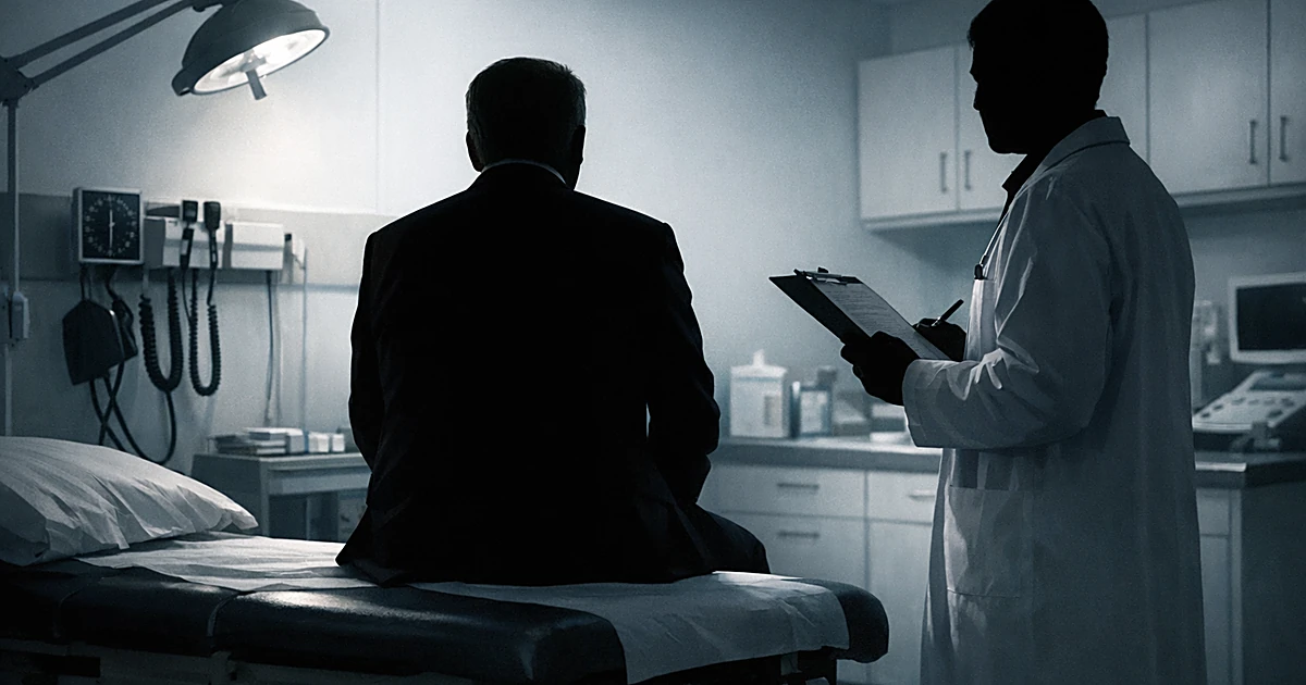 Silhouetted patient on exam table with medical professional in clinical room with equipment