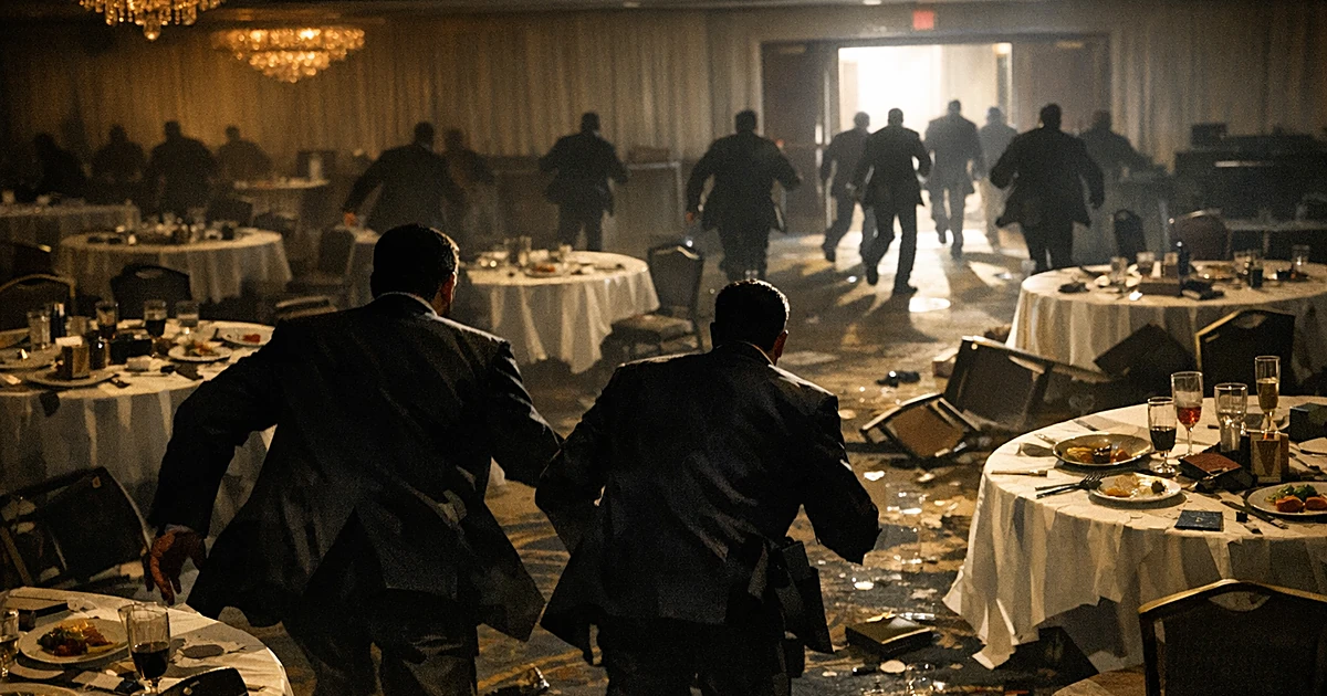 Silhouetted figures evacuating a formal ballroom with overturned chairs and abandoned dinner tables