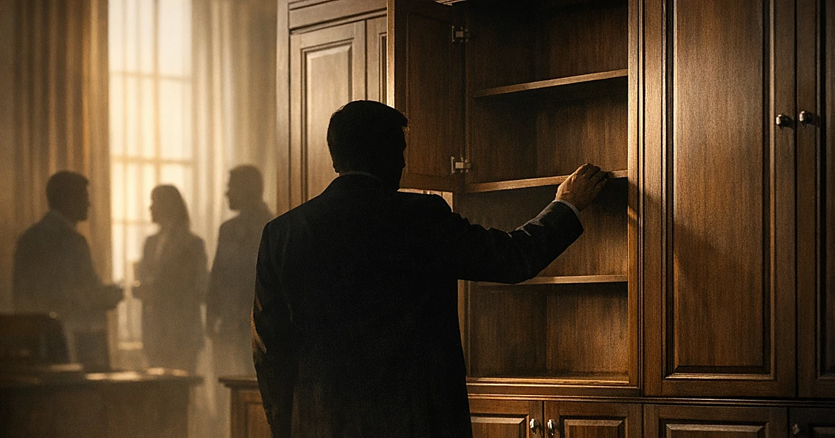 Silhouette of person reaching toward cabinet with open and closed doors in formal office setting