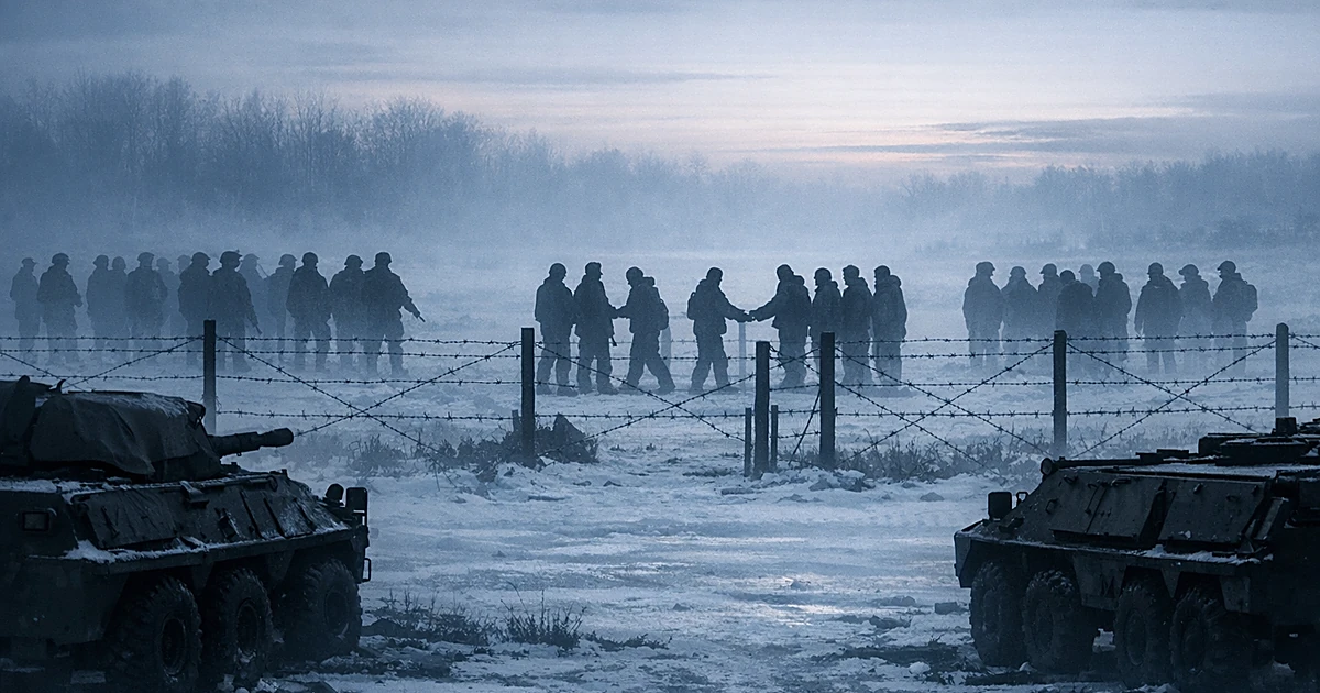 Silhouetted figures on opposite sides of barbed wire fence in snowy landscape with idle military vehicles