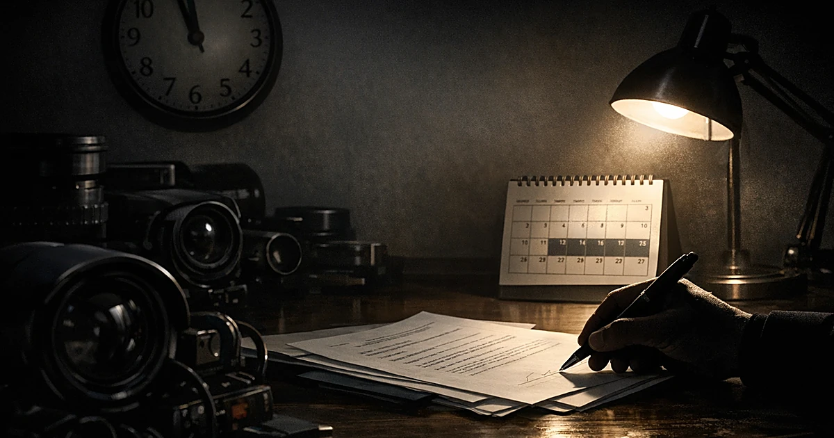 Silhouetted hand signing documents at desk with surveillance equipment and calendar showing 45-day period