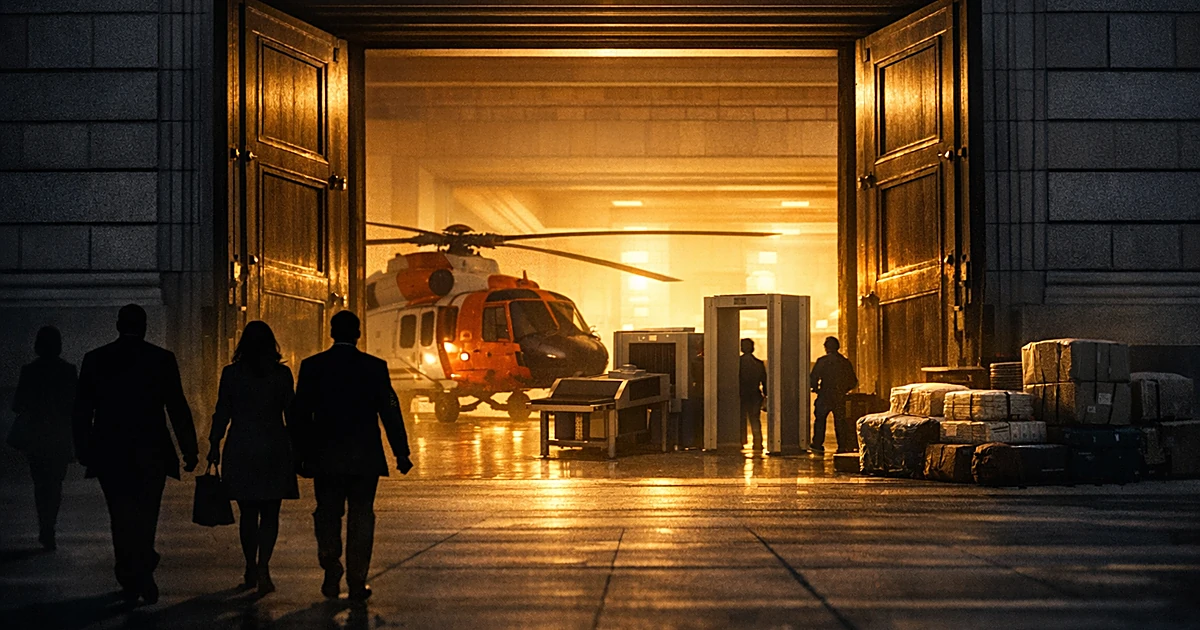 Silhouettes walking from illuminated government building with security and emergency equipment visible inside