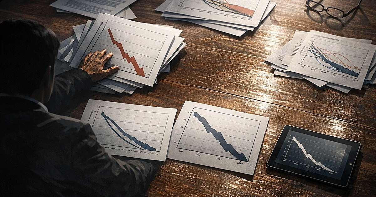Conference table with climate charts and declining emission projections, silhouetted figure pushing away documents