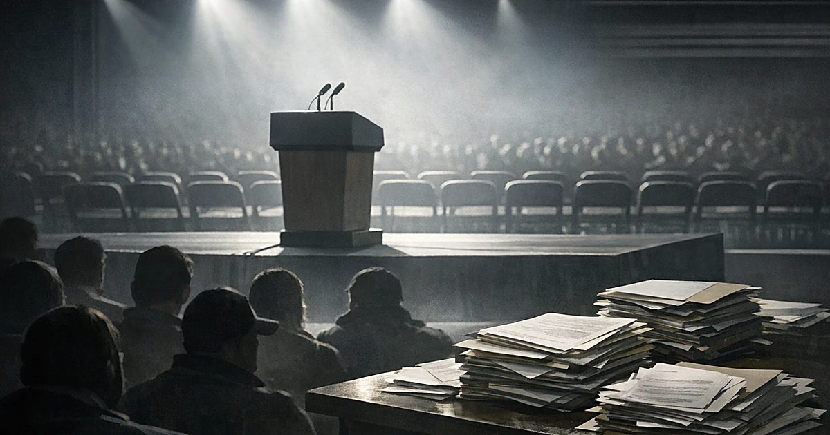 Silhouetted crowd faces illuminated podium on stage with documents scattered on nearby table in large venue