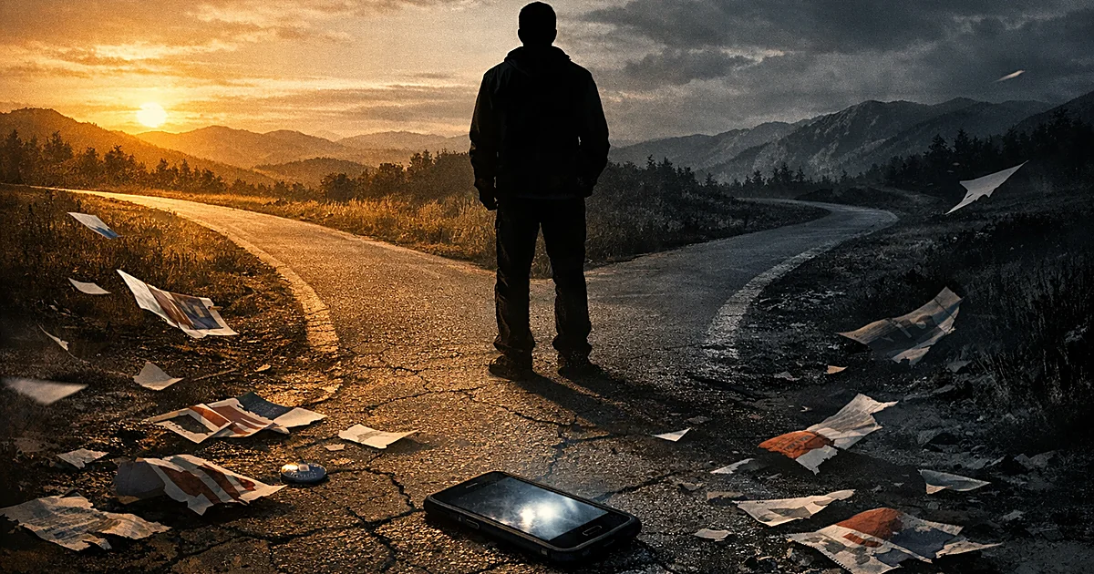 Silhouette at a crossroads with diverging paths, scattered papers, and glowing phone on cracked pavement