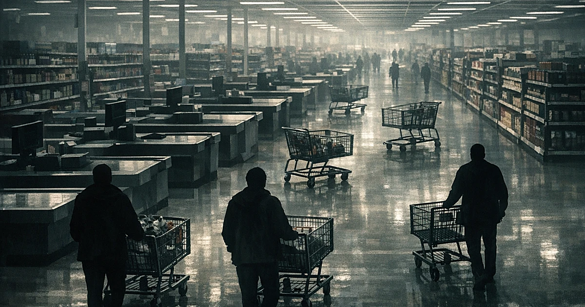 Overhead view of grocery store with shoppers as silhouettes pushing carts through checkout aisles under fluorescent lights
