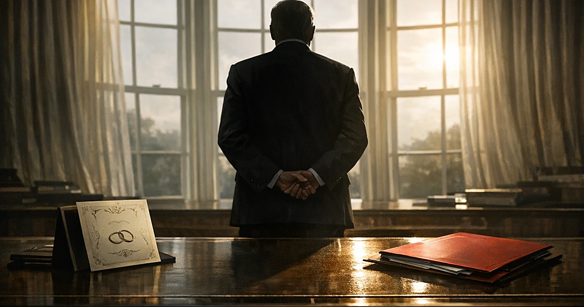 Silhouette of person in Oval Office standing between wedding invitation and official documents on desk