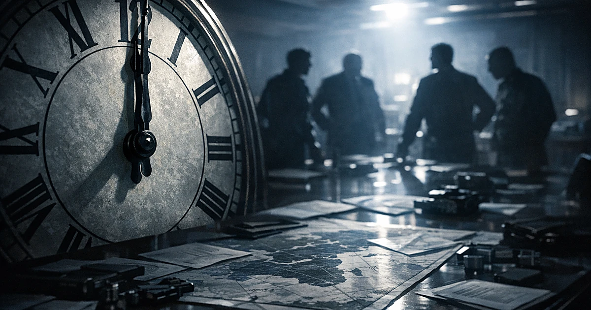 Clock showing near-midnight over war room table with maps as silhouetted figures stand in background