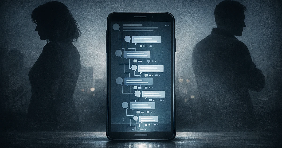 Glowing smartphone showing social media replies between two silhouetted figures standing apart in darkness