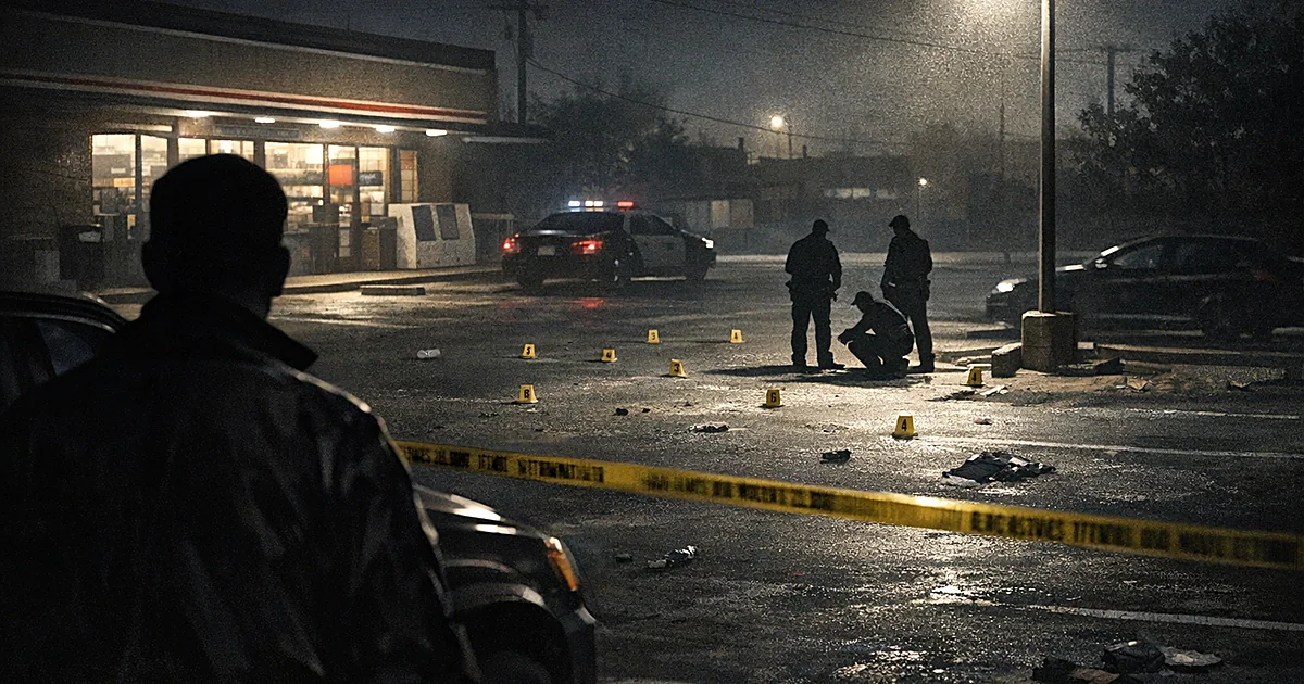 Night scene of convenience store parking lot with police tape and evidence markers after shooting incident