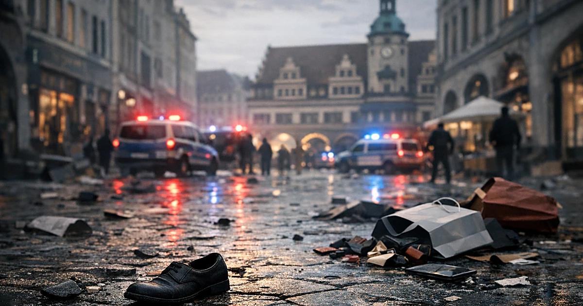 Empty cobblestone shopping street with scattered belongings and emergency vehicle lights reflecting on pavement