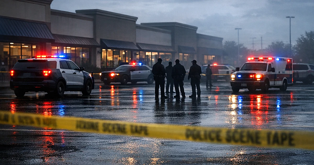 Emergency vehicles with flashing lights in a suburban plaza parking lot cordoned off with crime scene tape