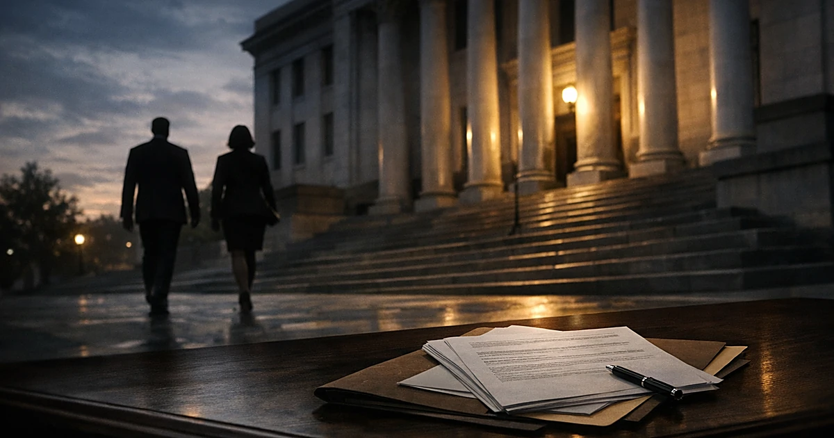 Silhouetted figures approaching government building at dusk with legal documents in foreground