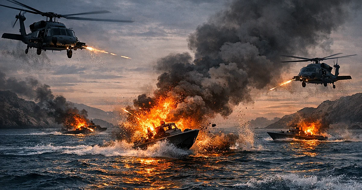 Military helicopters firing on burning fast-attack boats in narrow strait waters with explosions and smoke