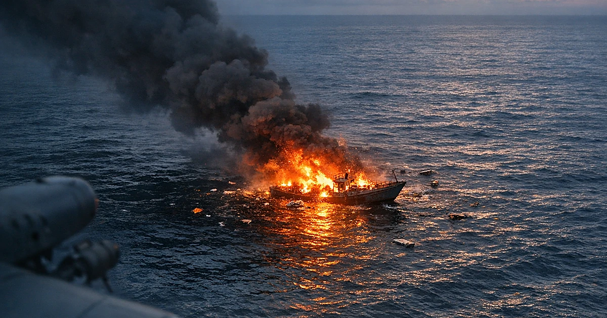 Aerial view of burning vessel surrounded by smoke on dark Pacific Ocean waters with debris scattered around