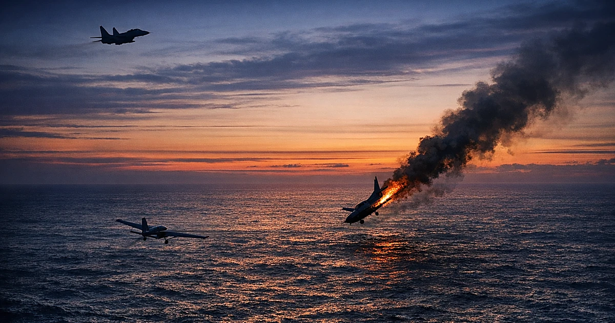 Military jet silhouette above two small planes over ocean waters, one trailing smoke in twilight sky