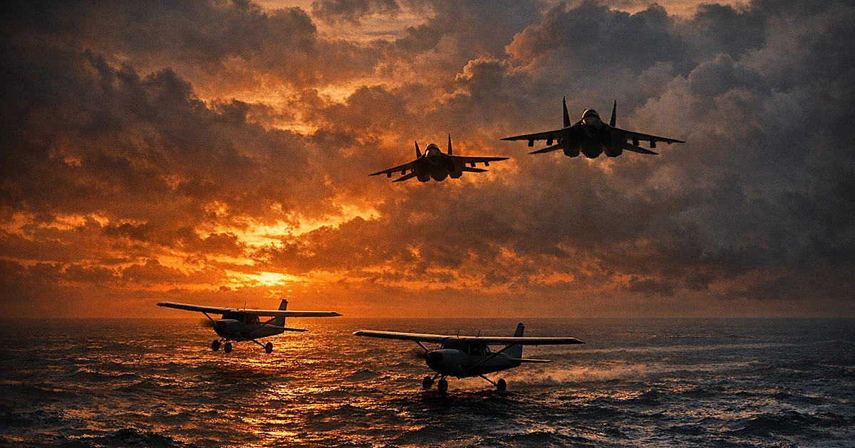 Two small civilian planes flying over ocean with military jets approaching from behind at sunset