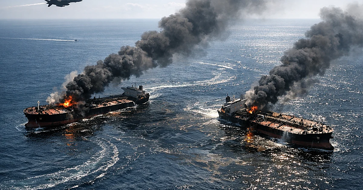 Aerial view of two damaged oil tankers in ocean with smoke rising and military jet silhouette in distance