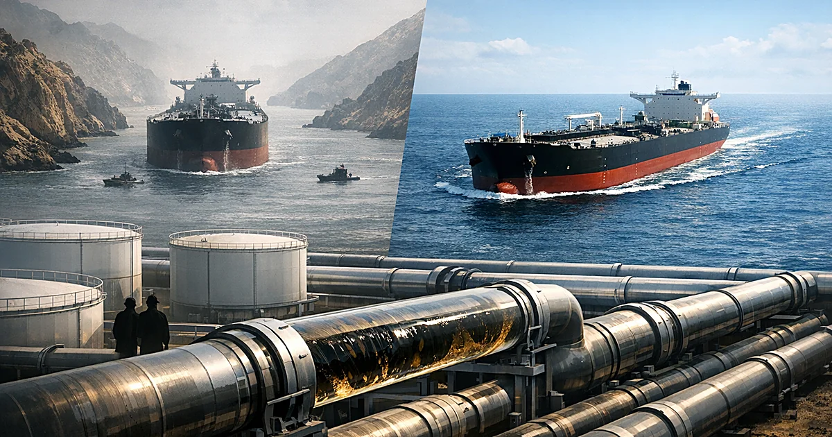 Oil tankers at sea with one in narrow strait and another in open water, connected to storage tanks and pipelines