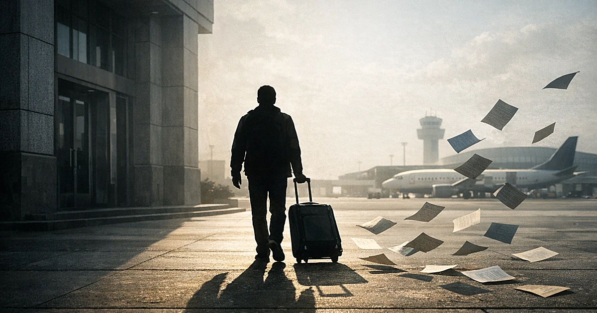 Silhouetted person with suitcase walking from government building toward airport as papers blow away in wind