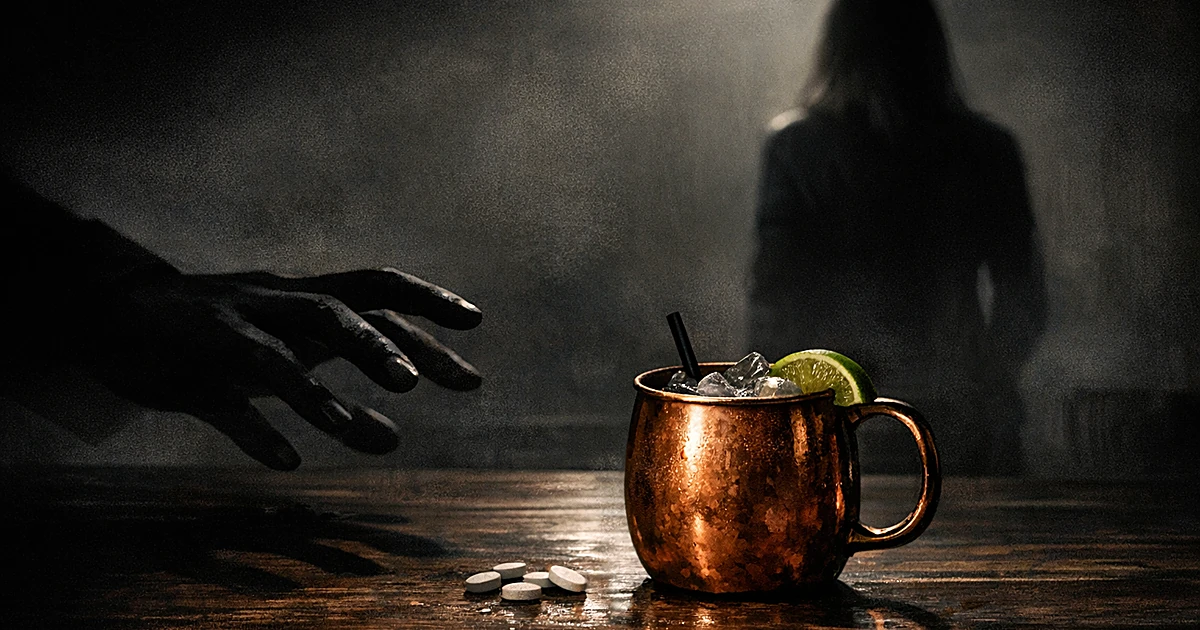 Moscow Mule mug on dark table with shadowy hand reaching toward it and silhouette figure in background