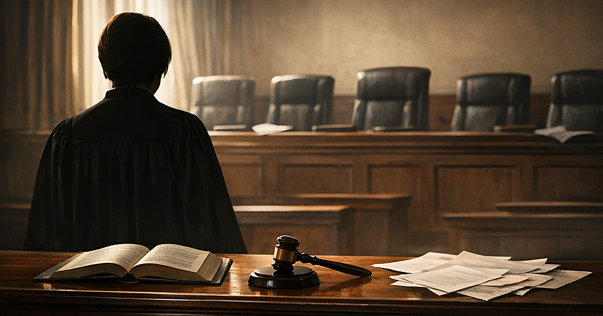 Empty courtroom with judicial robes viewed from behind, gavel and law books on bench, dramatic window lighting