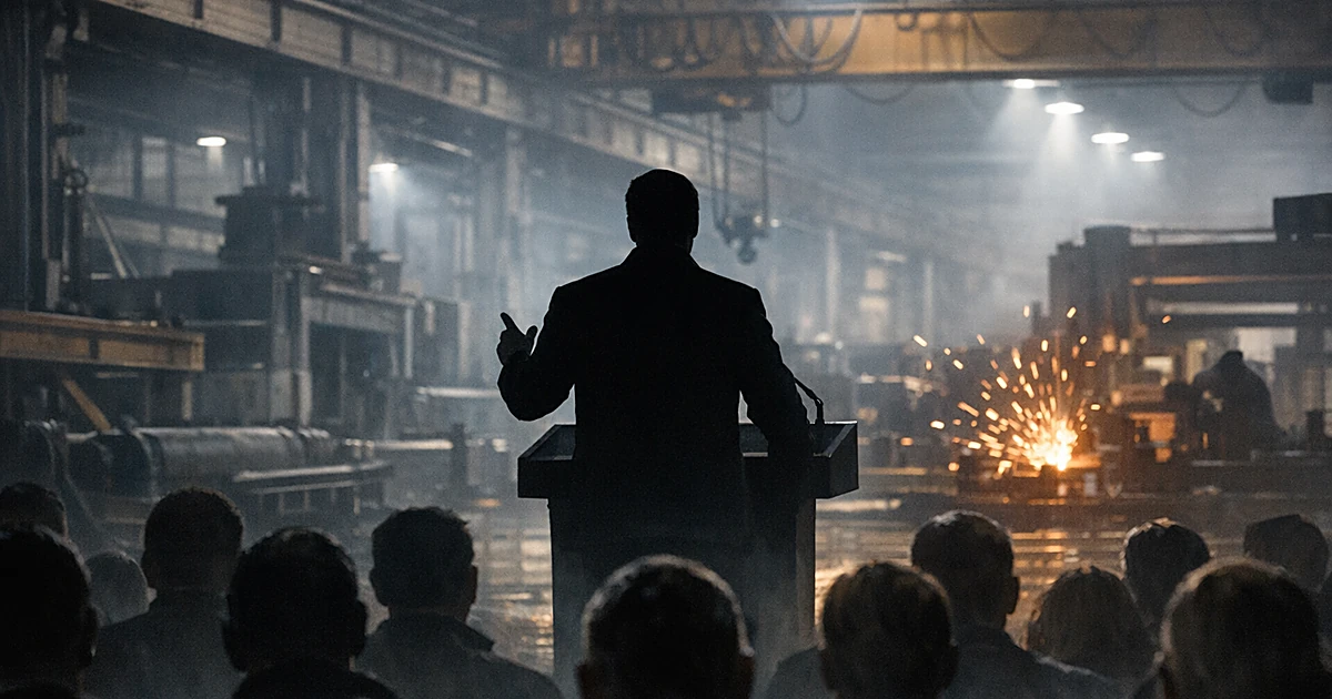 Silhouetted speaker at podium in steel factory with audience shown from behind and industrial equipment visible