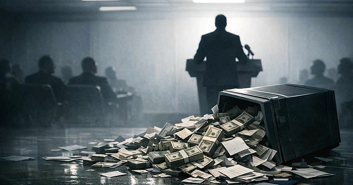 Silhouetted figure at podium with cash and documents spilling from ballot box in foreground