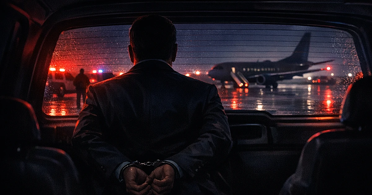 Silhouetted handcuffed figure in vehicle at night with emergency lights and aircraft in background