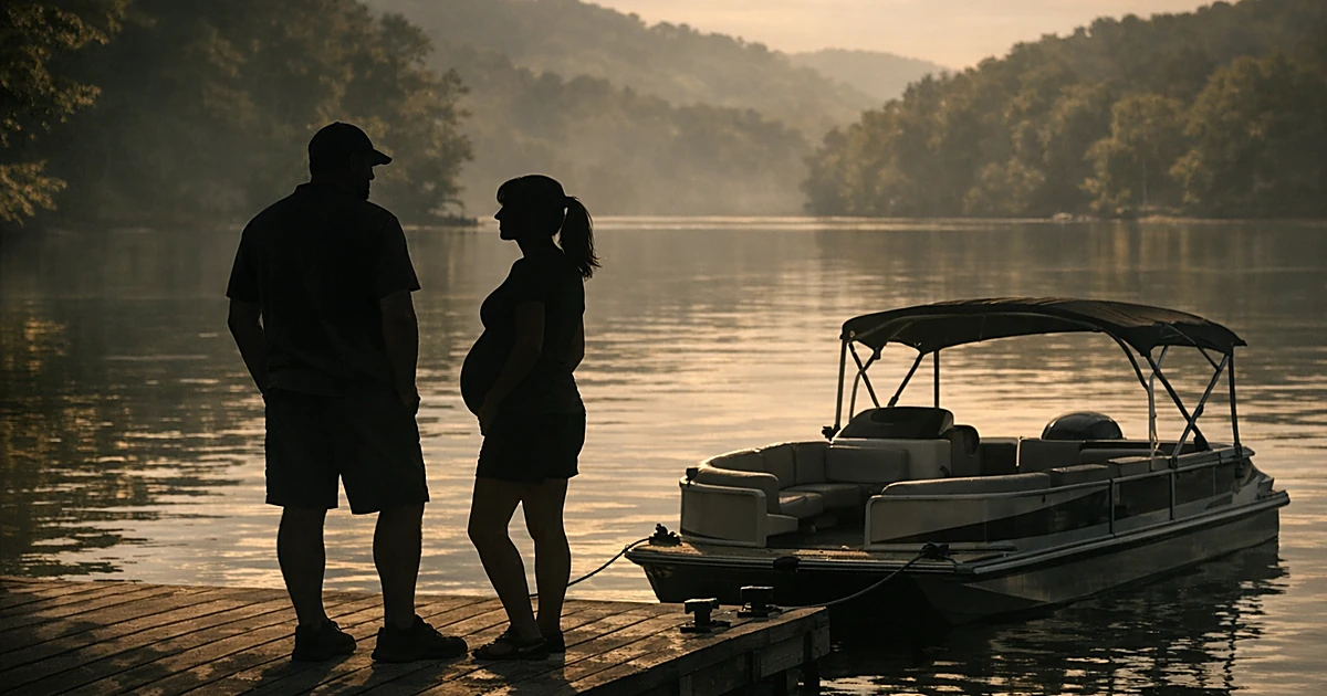 Two silhouettes on a private dock beside a boat on a calm lake, one figure visibly pregnant