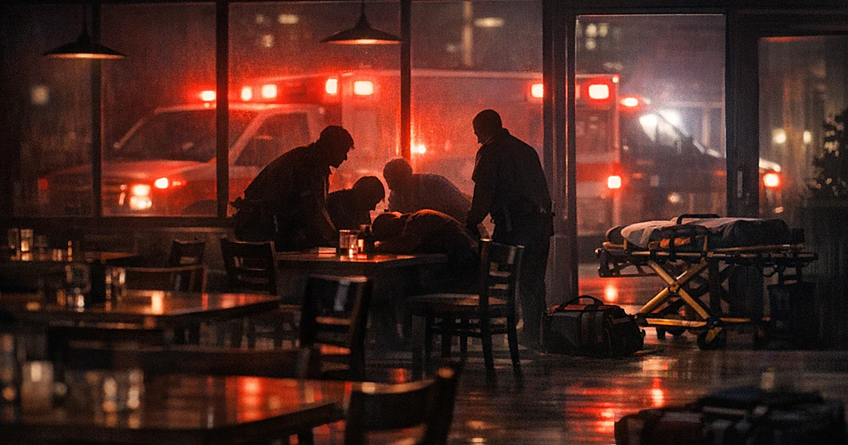 Restaurant interior with silhouetted figures around a table, ambulance lights glowing through windows