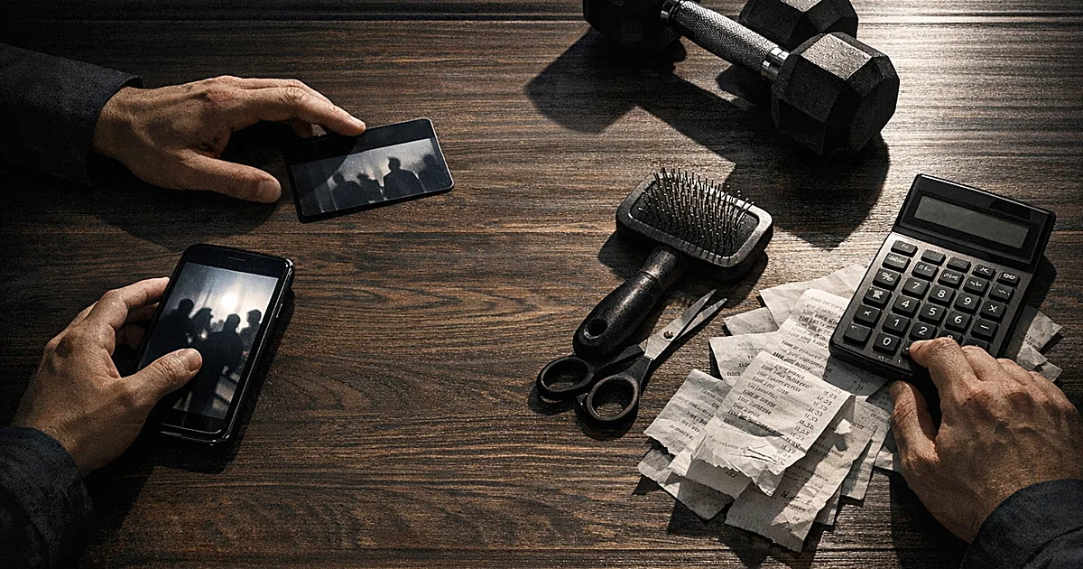Overhead view of consumer items including smartphone, gym equipment, grooming supplies and calculator on desk with receipts