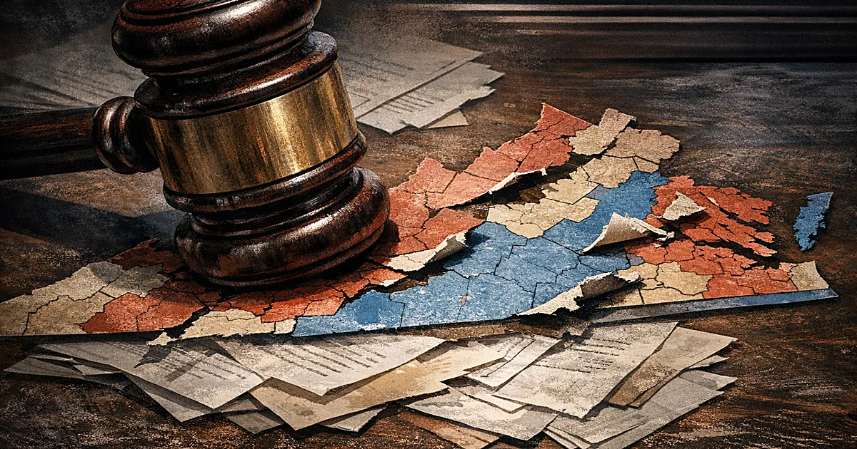 Gavel on Virginia district map with torn sections representing struck-down redistricting referendum
