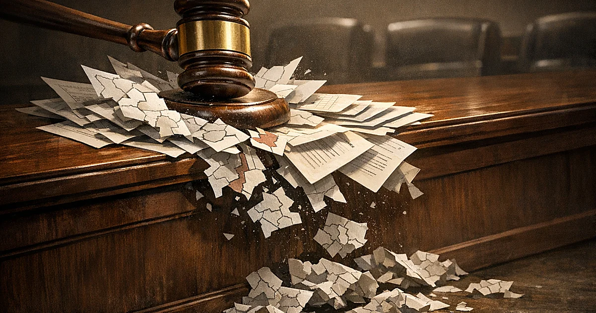 Gavel on judicial bench striking down scattered redistricting maps and documents falling to the floor
