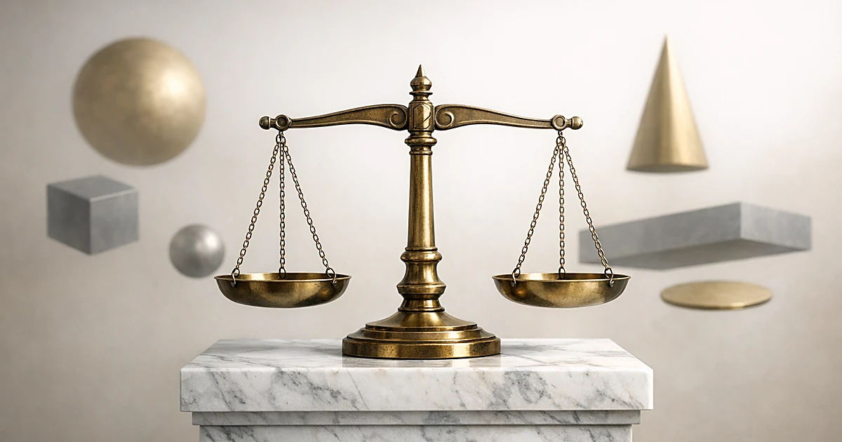 Abstract brass scales of justice on marble with geometric shapes in soft neutral lighting