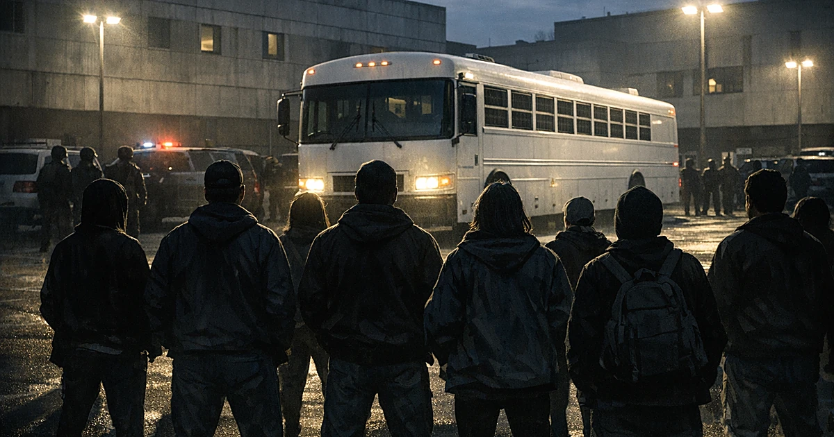 Silhouetted protesters blocking a white transport bus outside a concrete building at dusk