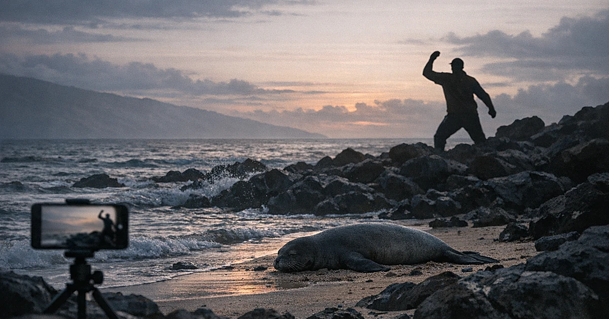 Silhouetted person throwing object at Hawaiian monk seal on rocky Maui beach with phone recording the incident