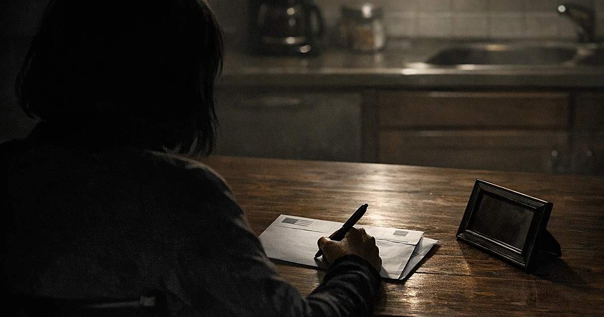 Silhouetted person at table filling out mail ballot with face-down photo frame nearby in dim lighting