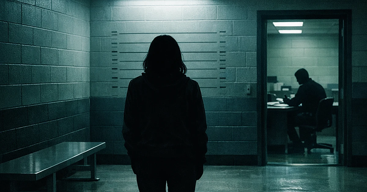 Silhouetted figure in jail booking area with institutional lighting and concrete walls