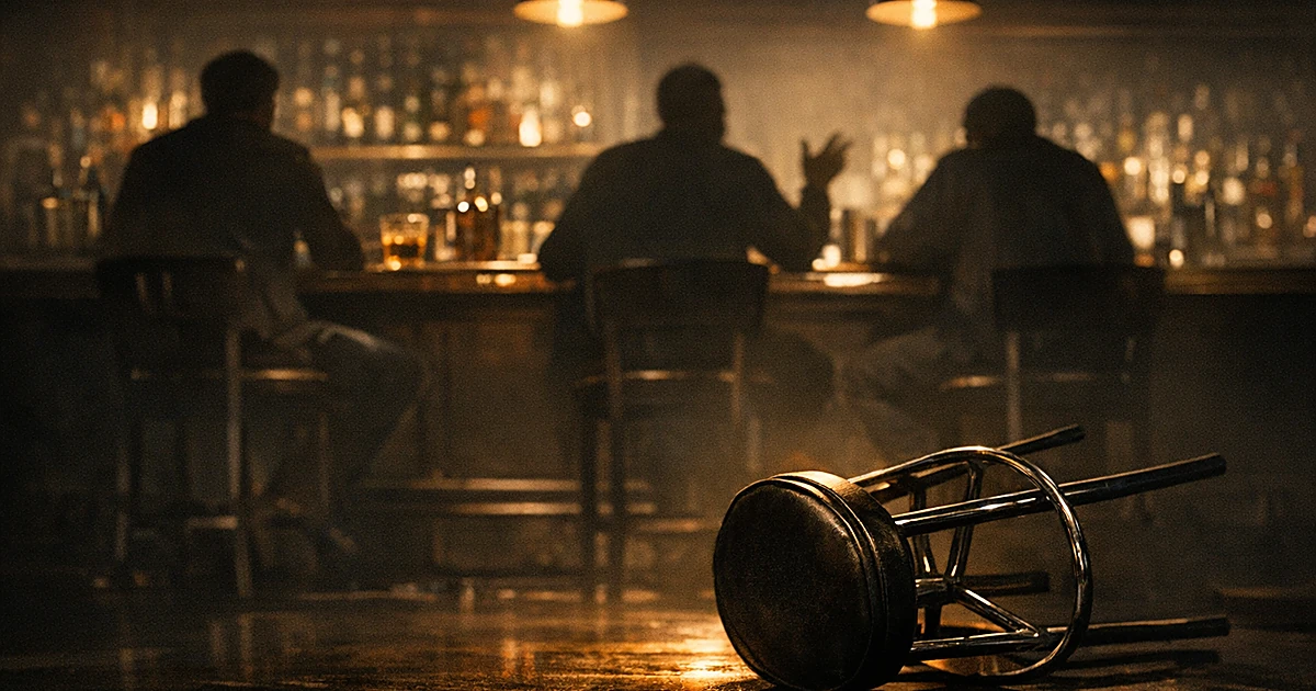 Overturned barstool on floor of dimly lit bar with silhouetted figures seated at counter in background